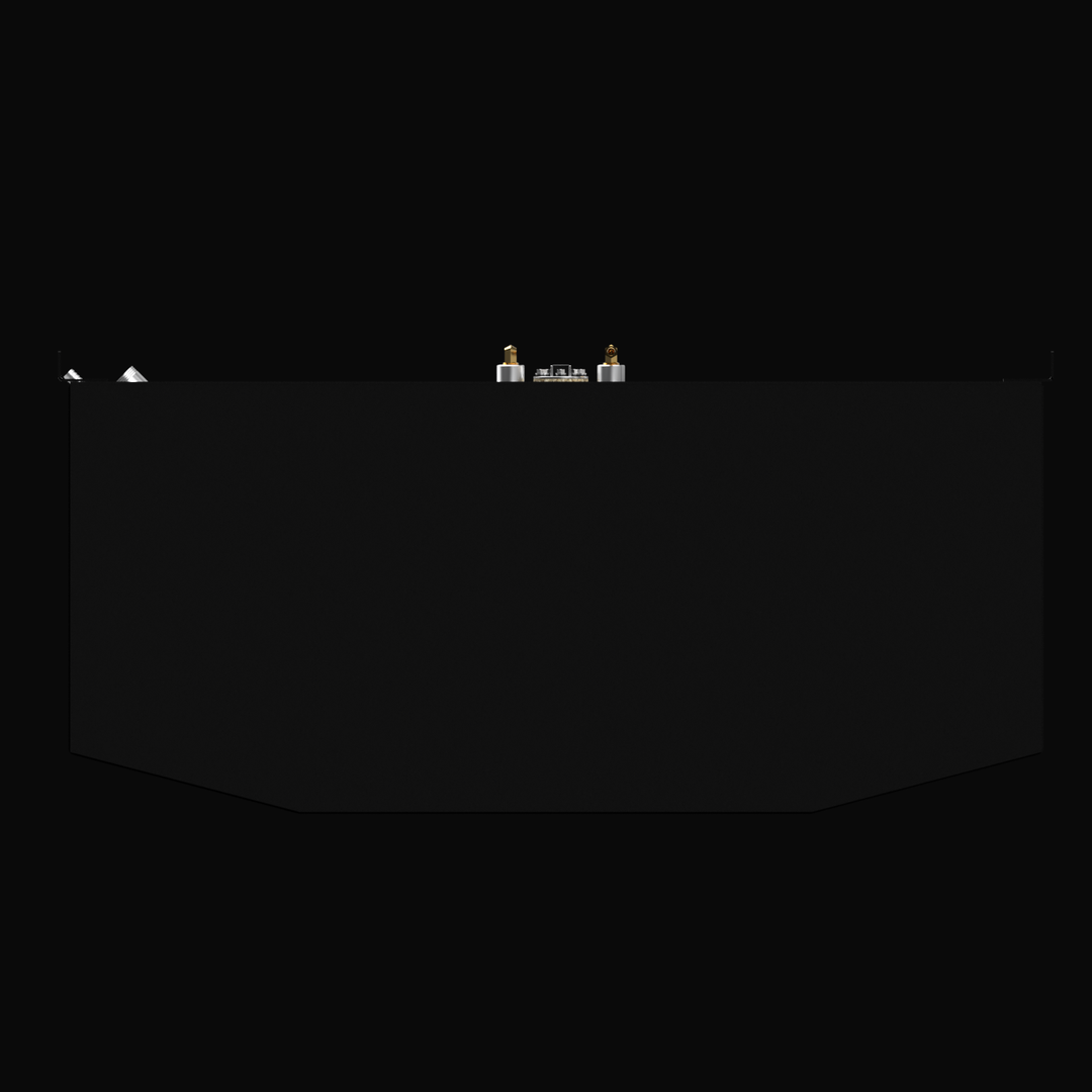 Front orthographic view of a black marine fuel tank for the WellCraft Costa with a 231-gallon capacity. The tank features an angled front bottom edge, a central cluster of fuel fittings on the top including two brass ports, and a clean, industrial design suitable for marine applications.