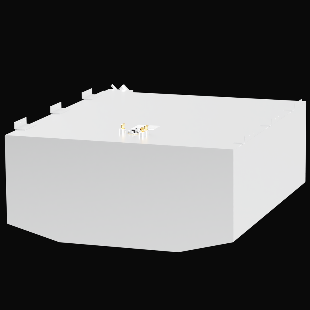 Isometric front-left view of a white marine fuel tank designed for the WellCraft Costa, with a 231-gallon capacity. The tank features an angled front edge, multiple mounting tabs along both sides, and a central cluster of metallic and brass fuel fittings on the top surface.