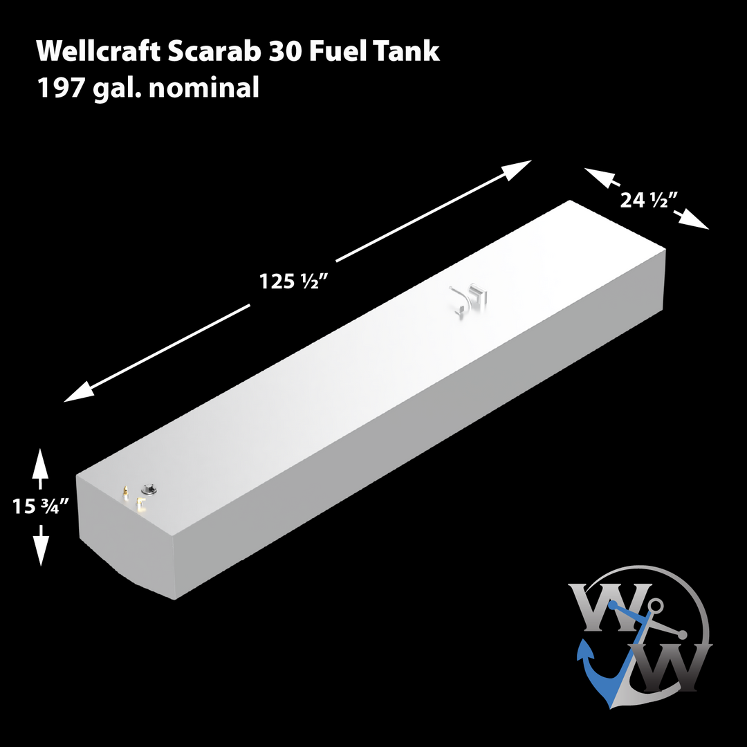 Illustration of a Wellcraft Scarab 30 Fuel Tank, measuring 125.5 inches in length, 24.5 inches in width, and 15.5 inches in height, with a capacity of 197 gallons nominal