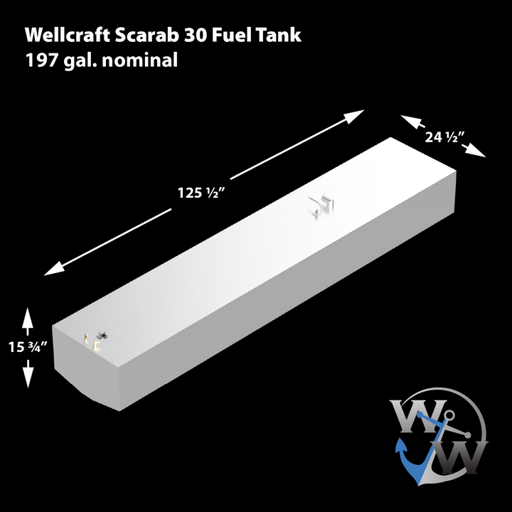 Illustration of a Wellcraft Scarab 30 Fuel Tank, measuring 125.5 inches in length, 24.5 inches in width, and 15.5 inches in height, with a capacity of 197 gallons nominal