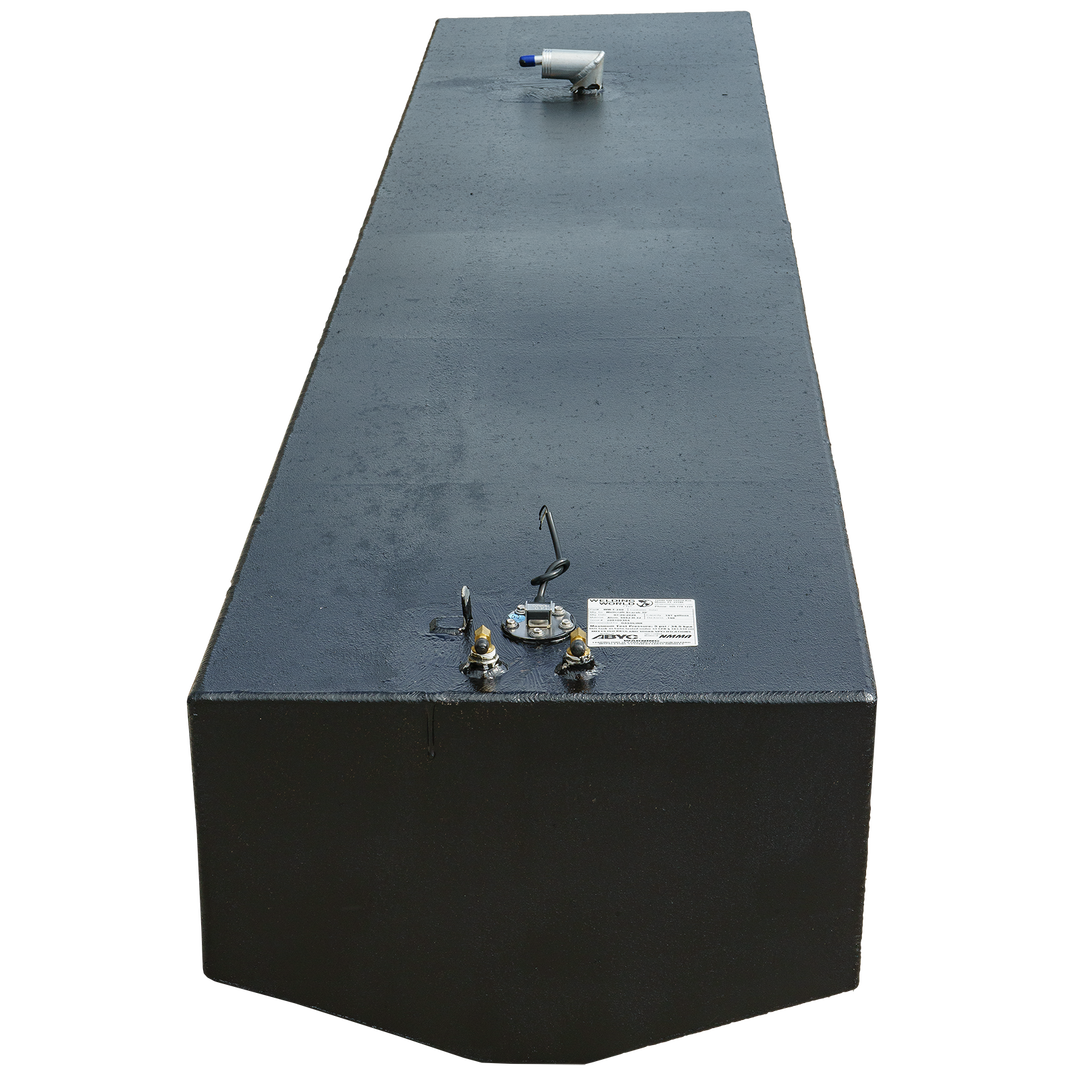 OEM replacement fuel tank for a Wellcraft Scarab 30', featuring a sleek black design with a fuel fill cap and two fuel line connections on the top