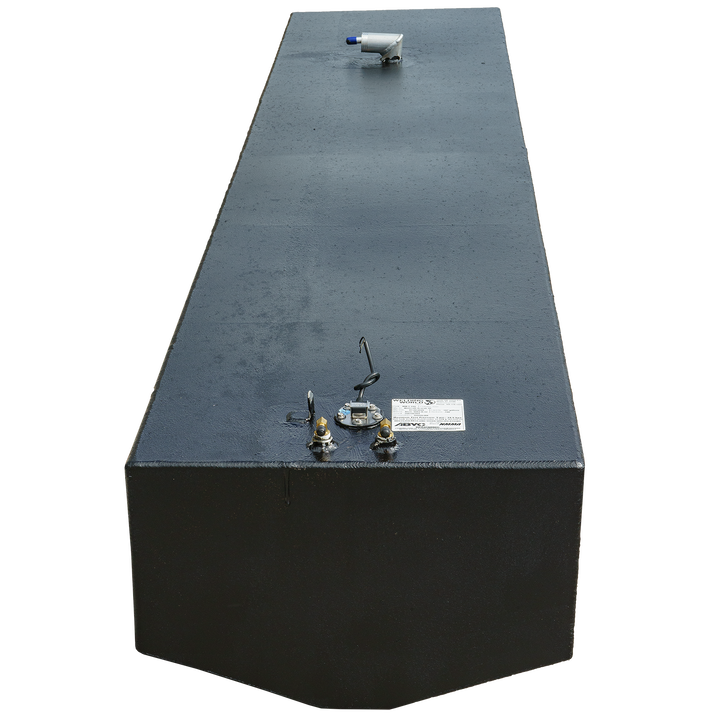OEM replacement fuel tank for a Wellcraft Scarab 30', featuring a sleek black design with a fuel fill cap and two fuel line connections on the top
