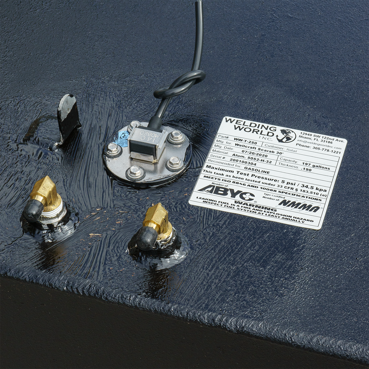 Wellcraft Scarab 30' OEM replacement fuel tank with a 197-gallon capacity, featuring a fuel sender unit and two brass fittings for fuel lines. The tank is coated for protection and has a certification sticker from Welding World