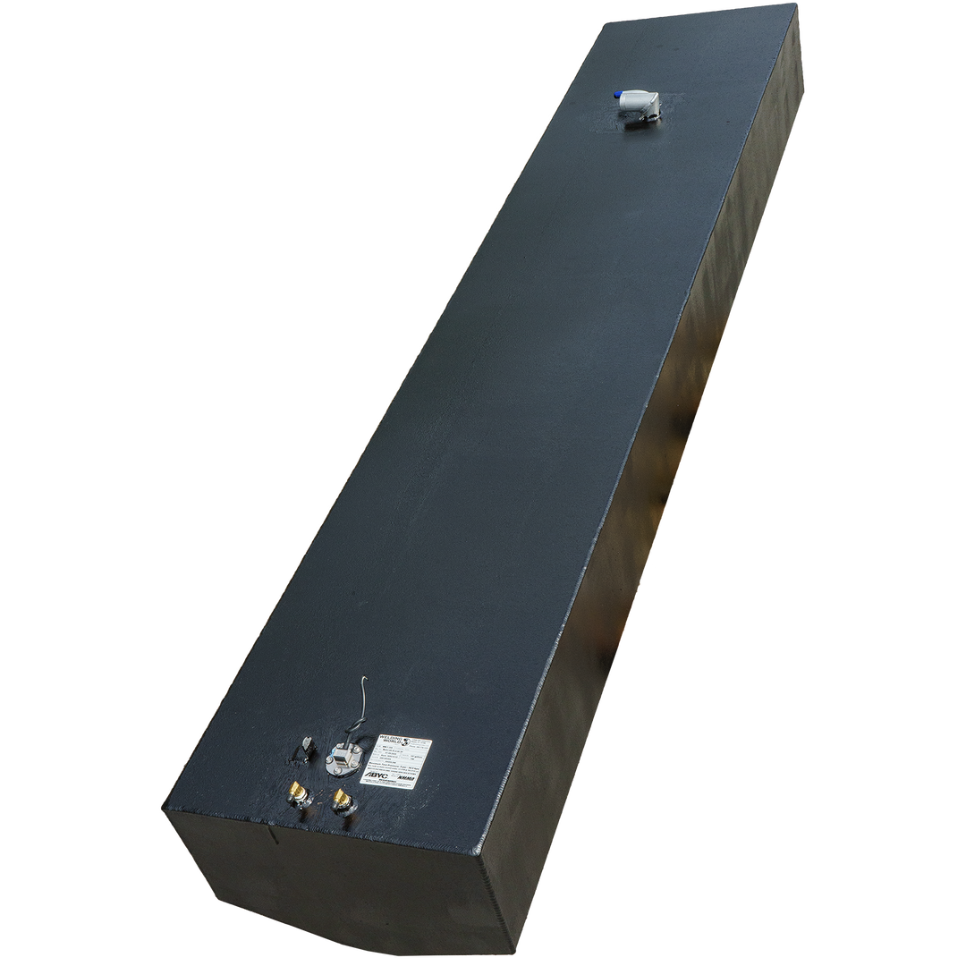 OEM replacement fuel tank for a Wellcraft Scarab 30', featuring a sleek black design and various connection points on one end