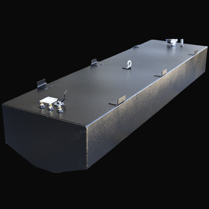 Wellcraft Scarab 34-foot 1985 model OEM Replacement Fuel Tank with a capacity of 171 gallons. Rectangular fuel tank with rounded front corners and several fittings on top. The tank is black with welded seams and mounting tabs along the sides