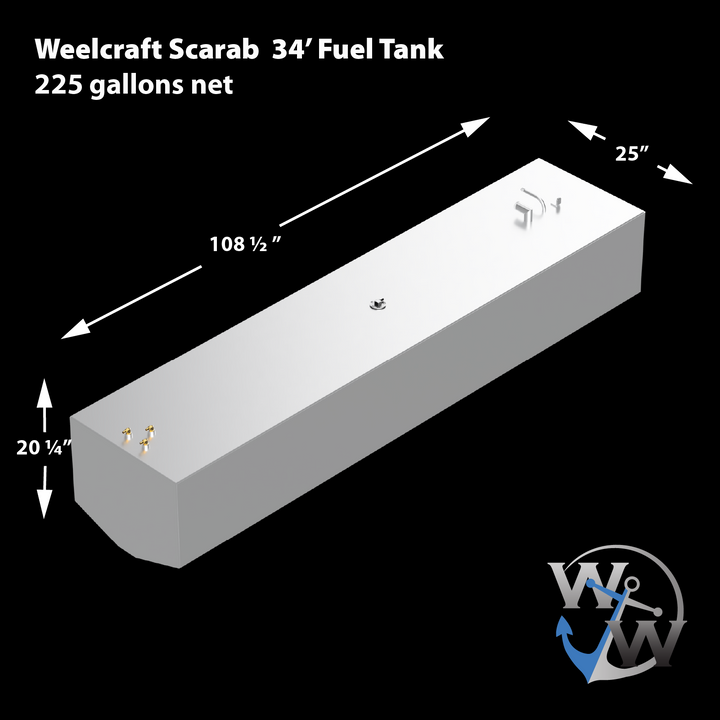 Diagram of a Weelcraft Scarab 34' fuel tank, featuring a sleek, rectangular design with dimensions of 108 inches in length, 25 inches in width, and 20.4 inches in height. The tank has two fuel fittings and a polished surface, indicating a capacity of 225 gallons