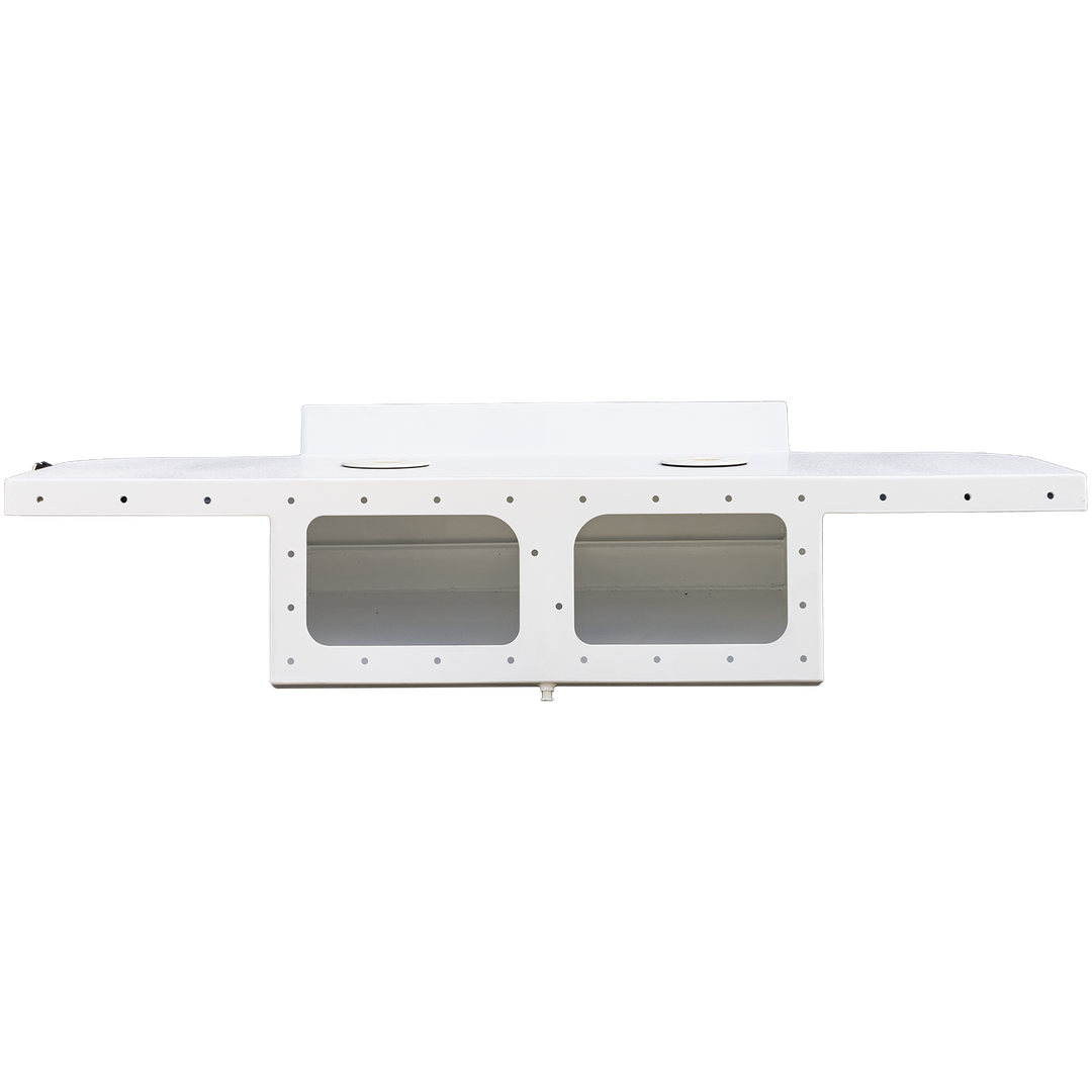 A white, metal high flotation twin outboard engine bracket designed for a Chaparral 327 SSX boat, shown against a transparent background. The bracket has multiple mounting points and cutouts, with two large rectangular openings in the center