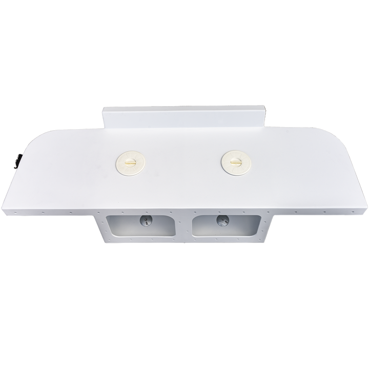 A white, metal high flotation twin outboard engine bracket with two mounting holes and support arms, shown against a transparent background.

