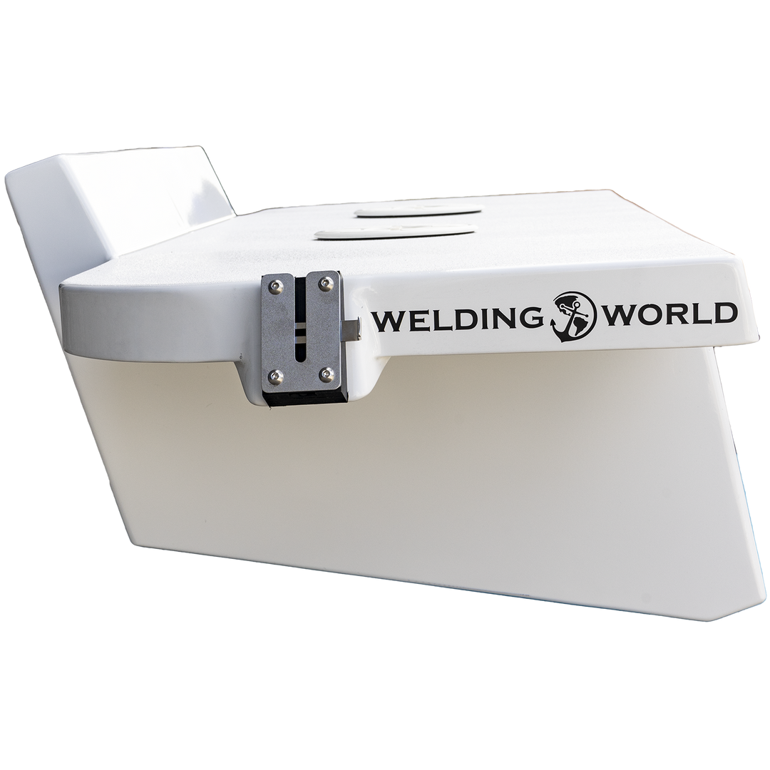 A white high flotation twin outboard engine bracket with the "Welding World" logo printed on it, featuring a metal mounting mechanism attached to the side. The bracket has a curved shape and is set against a transparent background