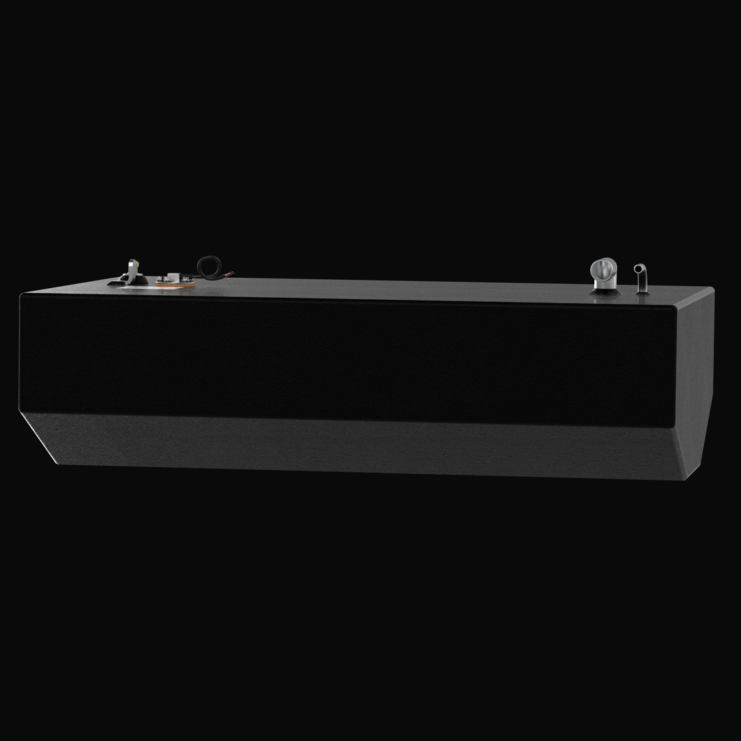 Side profile of a 1985 Wellcraft V20 Steplift OEM replacement fuel tank showing the full longitudinal geometry and high-build Coal Tar Epoxy finish. This 58-gallon marine aluminum tank features a 1.5-inch fill neck and vent on one end, with the fuel sending unit and brass pickups on the opposite end, ensuring a precise factory-spec "drop-in" fit. Built to USCG and ABYC standards for superior offshore durability.
