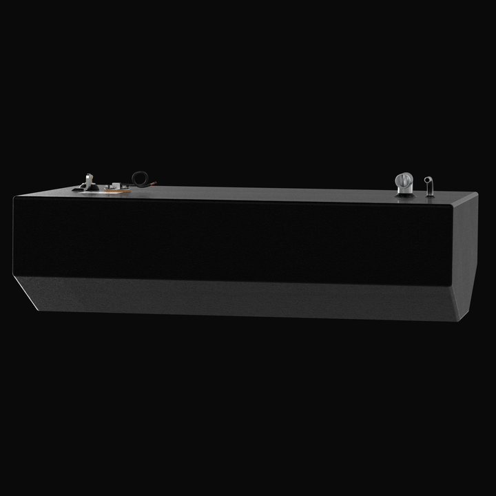 Side profile of a 1985 Wellcraft V20 Steplift OEM replacement fuel tank showing the full longitudinal geometry and high-build Coal Tar Epoxy finish. This 58-gallon marine aluminum tank features a 1.5-inch fill neck and vent on one end, with the fuel sending unit and brass pickups on the opposite end, ensuring a precise factory-spec "drop-in" fit. Built to USCG and ABYC standards for superior offshore durability.