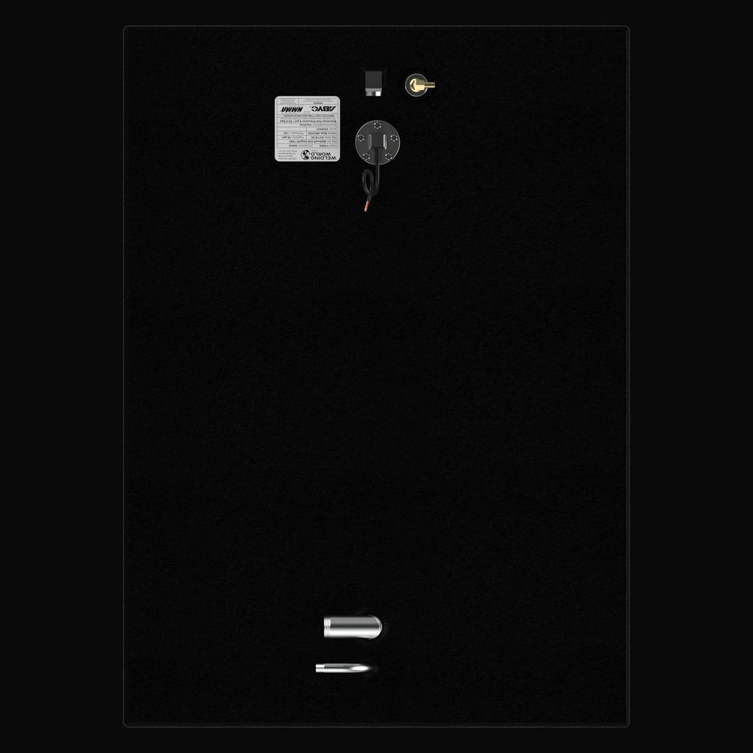 Top-down layout view of a 1985 Wellcraft V20 Steplift OEM replacement fuel tank. The image clearly displays the exact placement of the 1.5-inch fuel fill, vent fitting, fuel sending unit, and brass pickup, ensuring a perfect "drop-in" alignment with factory deck plates. This 58-gallon aluminum tank is finished in a protective Coal Tar Epoxy and features a permanent USCG/ABYC compliance label for marine safety.