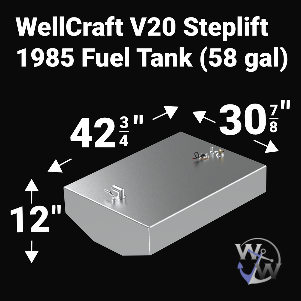 High-angle perspective of a 1985 Wellcraft V20 Steplift replacement fuel tank. This OEM-spec marine aluminum tank features a protective Coal Tar Epoxy finish, pre-installed fuel sending unit, and integrated mounting tabs. Precision-welded for a direct "drop-in" fit, it meets all USCG and ABYC safety requirements for offshore powerboats.