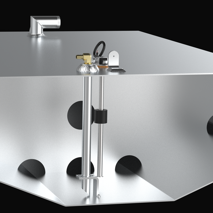 Internal cutaway view of a Wellcraft V20 Steplift aluminum fuel tank showcasing the structural baffles and high-quality hardware. Detailed components include the fuel pickup tube, mechanical fuel sending unit, brass fittings, and heavy-duty TIG welds, ensuring USCG-compliant fuel delivery for marine restorations.