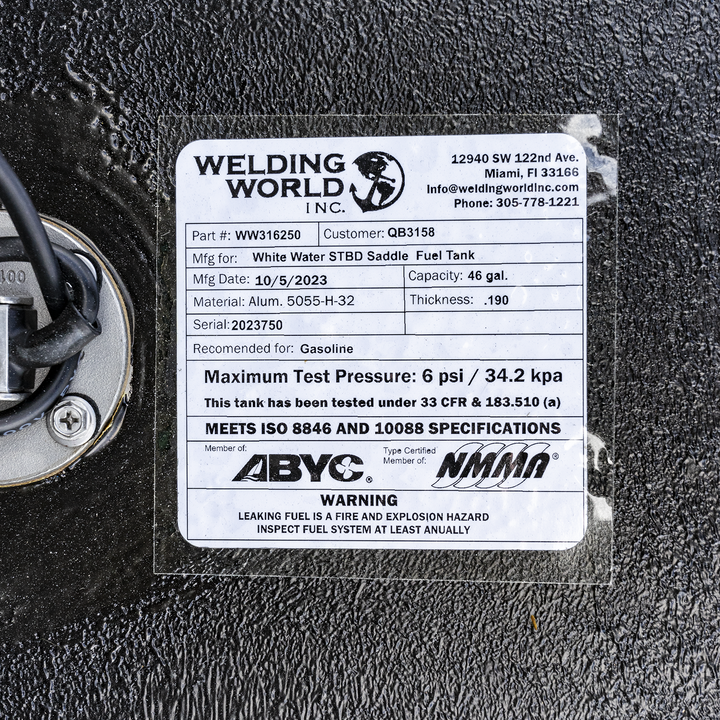 A label of a Whitewater boat with a dual 46-gallon fuel tank combo, designed for offshore fishing with efficient and durable fuel storage