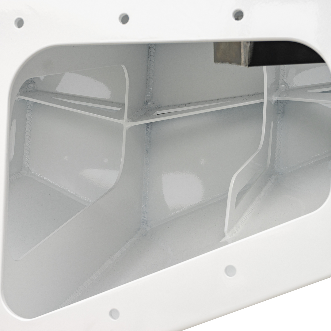 Interior view of the Whitewater/Seavee/Rampone 25 Twin Engine High Flotation Bracket, showing a smooth, white metal structure with internal supports and compartments designed for buoyancy and support. The image highlights the clean welds and finished surfaces of the bracket
