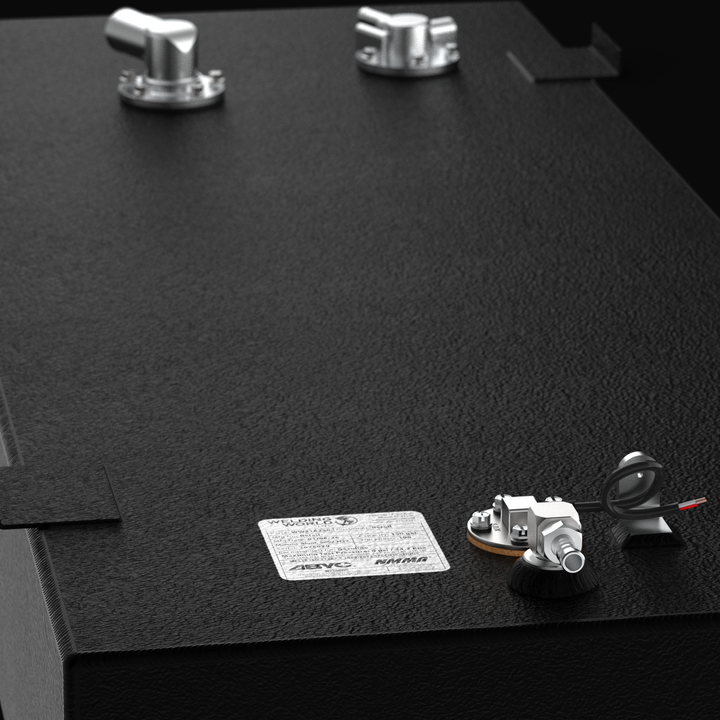 Close-up of a 50-gallon Yellowfin 21 Bay-Hybrid (2010–2023) fuel tank showing the heavy-duty Coal Tar Epoxy coating and official manufacturing label. This view highlights the precision-welded fuel pickups, sending unit, and 90-degree vent fittings required for a guaranteed OEM fit and long-term corrosion resistance in offshore marine environments.
