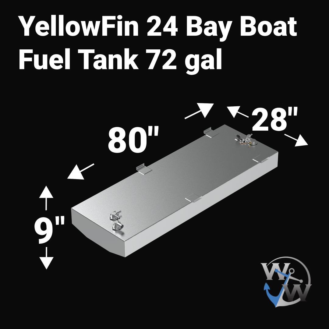 Dimensional diagram for a 72-gallon OEM replacement fuel tank for a 2007-2026 Yellowfin 24 Bay Boat, featuring engineering measurements: 80" length, 28" width, and 9" height with a V-bottom profile and top-mounted rigging hardware.