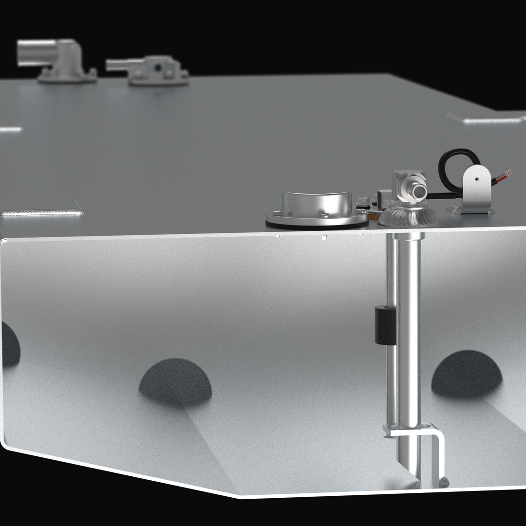 Cross-section 3D rendering of a 72-gallon fuel tank for a Yellowfin 24 Bay Boat, showcasing the internal fuel pickup tube, reed-style sending unit, and heavy-duty 3/16" aluminum baffles for superior structural integrity.