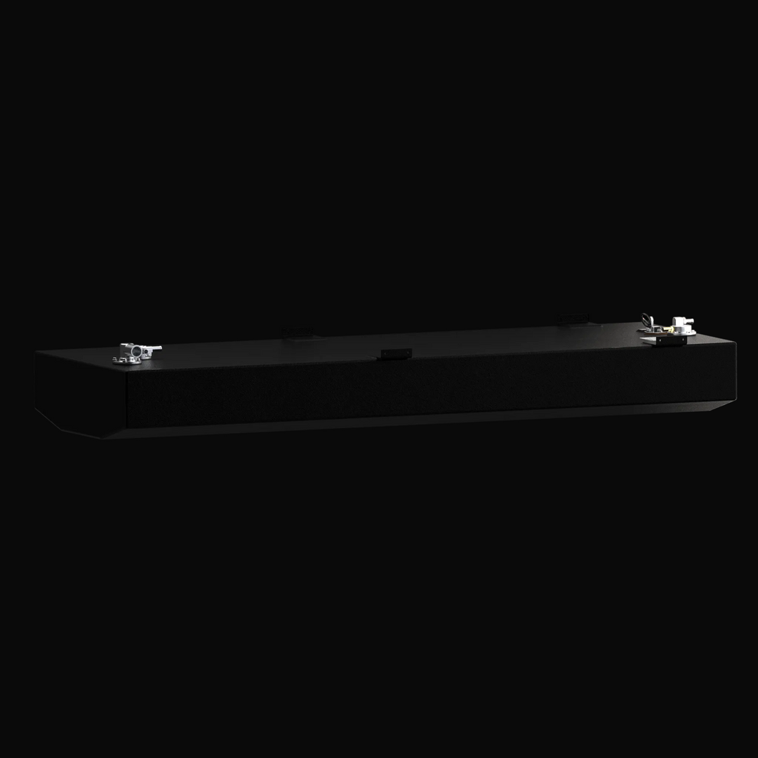 Longitudinal side-profile 3D rendering of a 72-gallon OEM replacement fuel tank for a 2007-2026 Yellowfin 24 Bay Boat, featuring a corrosion-resistant coal-tar epoxy finish, low-profile V-bottom design, and top-mounted rigging hardware.