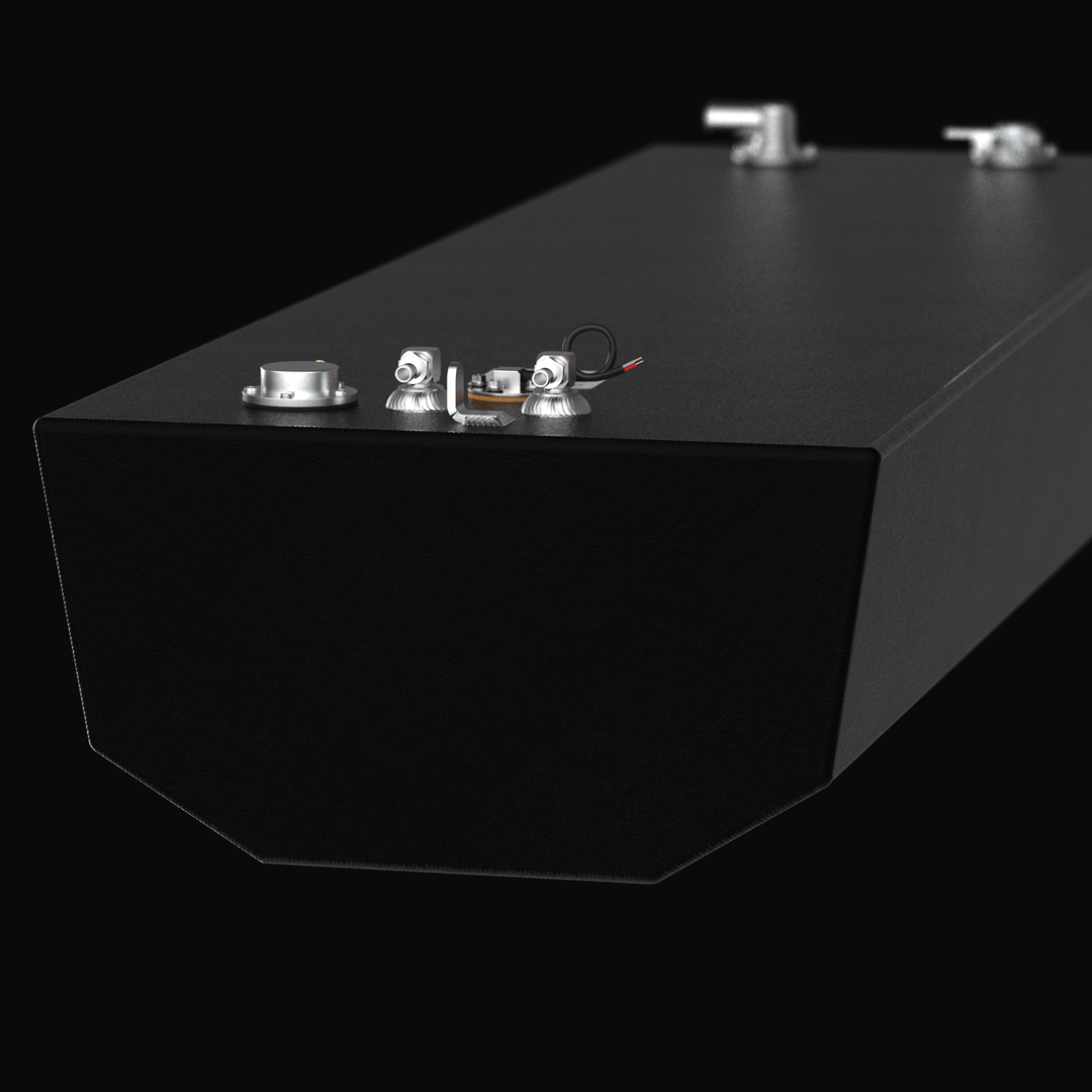 Rear-angle 3D rendering of a 118-gallon Yellowfin 26 Center replacement fuel tank, highlighting the dual anti-siphon pickup tubes, stainless steel fittings, and KUS sending unit on a tapered aluminum hull-fit design with a coal-tar epoxy finish.