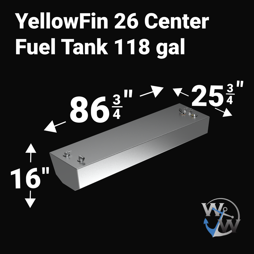 3D isometric rendering of a 118-gallon Yellowfin 26 Center replacement fuel tank featuring a textured coal-tar epoxy finish, dual fuel fill ports, stainless steel rigging hardware, and a KUS sending unit on a solid black background.