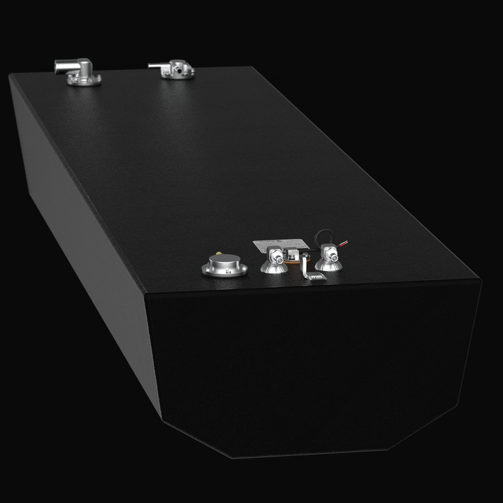 Rear-perspective 3D rendering of a Yellowfin 26 Center fuel tank with a textured coal-tar epoxy finish, showcasing the tapered bottom for hull fitment, dual pickup tubes, stainless steel fittings, and a KUS sending unit on a black background.
