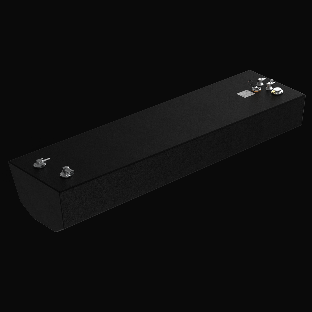 Detailed close-up 3D rendering of the top-mounted hardware on a Yellowfin 26 Center fuel tank, showing a stainless steel fuel fill fitting, a fuel vent, a KUS reed-switch sending unit, and a manufacturing certification label on a matte black epoxy finish.