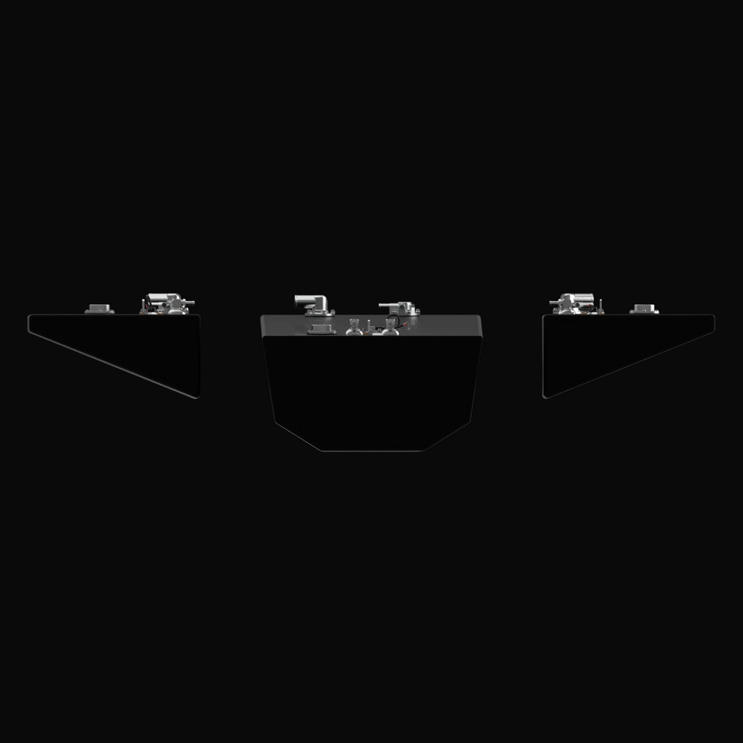 Front-profile 3D rendering of the 3-piece fuel tank kit for a 2015-2026 Yellowfin 26 Hybrid, illustrating the mirrored wedge-style port and starboard saddle tanks and the tapered center tank profile for a precise factory-fit installation.
