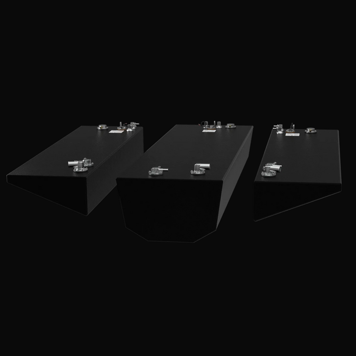 Rear-perspective 3D rendering of the complete 3-piece fuel tank replacement kit for a 2015-2026 Yellowfin 26 Hybrid, showcasing the 118-gallon center tank and two 30-gallon wedge-style saddle tanks with a protective coal-tar epoxy finish.
