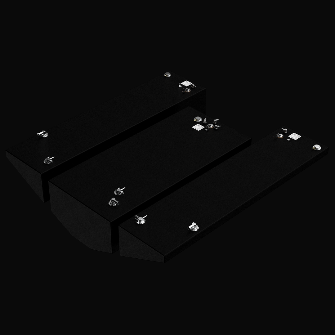 High-angle isometric view of a complete 3-tank replacement fuel system for a Yellowfin 34 (2007-2026), including the 220-gallon center tank and 80-gallon port and starboard wing tanks. The image showcases the precision-engineered aluminum construction with a protective Coal Tar Epoxy coating, highlighting the integrated fuel senders and top-mounted fittings designed for a guaranteed OEM fit and full EPA compliance.