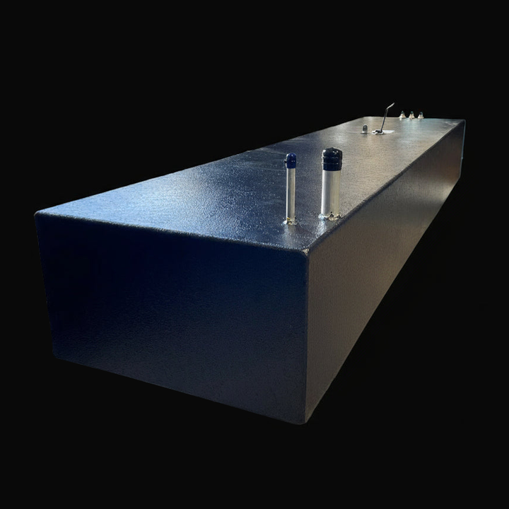 A photo of a YellowFin 36' Old Center Tank (177 Gallon) Built to OEM Specs, showing the long, dark-textured tank at an angle with various fittings on its top surface, set against a black background.
