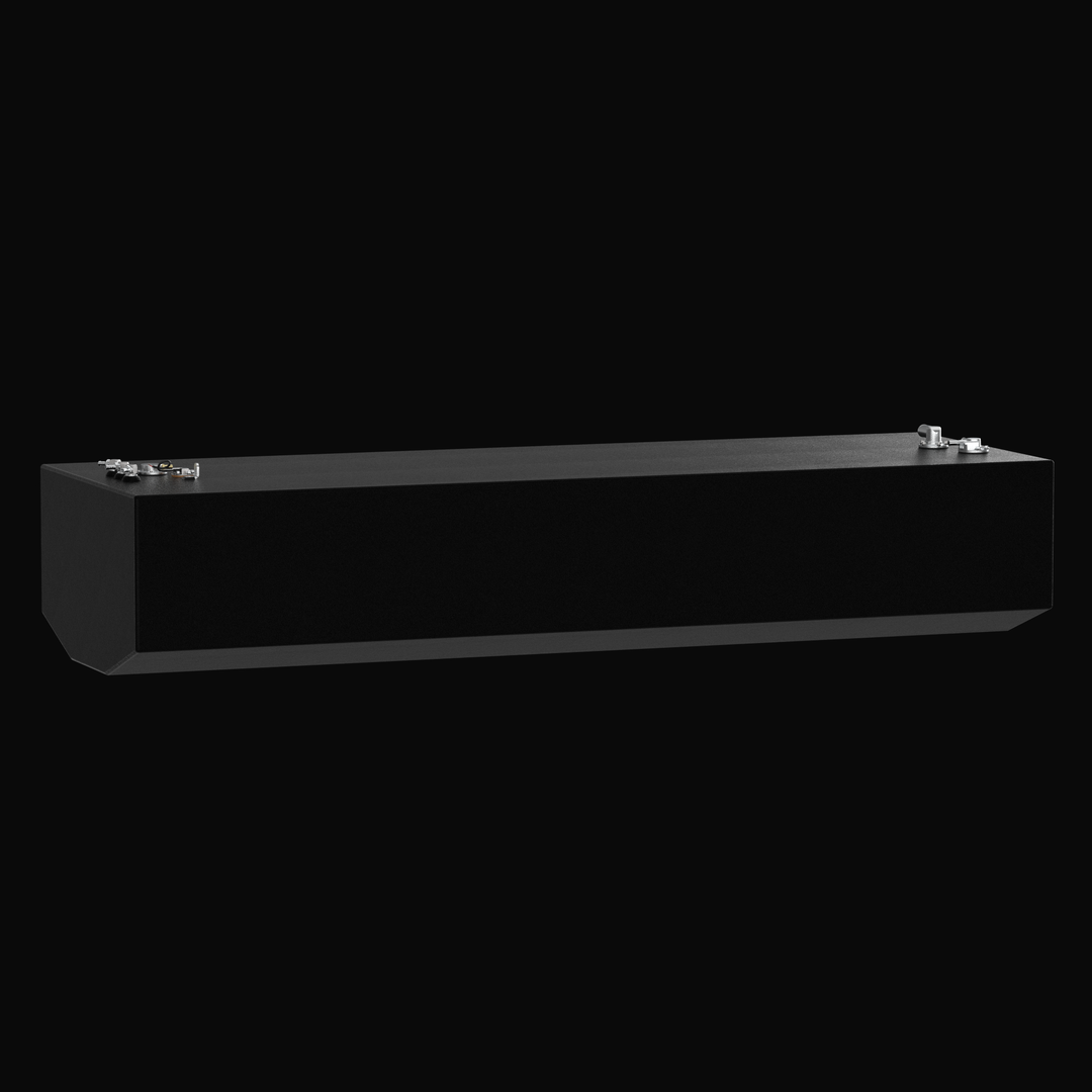 Side profile view of a Yellowfin 36 center replacement fuel tank finished in heavy-duty black Coal Tar Epoxy. This technical render highlights the precision-welded V-bottom geometry and top-mounted marine fittings, engineered from .190" 5052-H32 aluminum to ensure a guaranteed OEM fit and maximum corrosion resistance in harsh offshore environments.