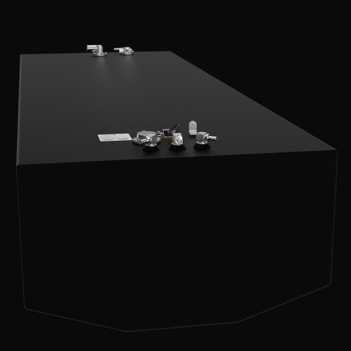 Perspective technical render of a Yellowfin 36 center fuel tank replacement showcasing a high-durability black Coal Tar Epoxy finish. The image highlights the precision-welded V-bottom geometry and top-mounted 316 stainless steel pickup tubes and EPA-compliant fittings, custom-engineered for a guaranteed OEM fit and superior corrosion protection in offshore marine environments.