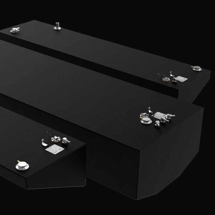 Close-up technical render of a complete three-tank replacement set for a Yellowfin 36, including the 317-gallon center tank and two 80-gallon port and starboard wing tanks. The image highlights the premium black Coal Tar Epoxy finish, top-mounted 316 stainless steel pickup tubes, and EPA-compliant fittings, all engineered from heavy-duty .190" marine-grade aluminum for a guaranteed OEM fit.
