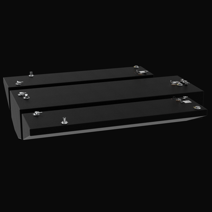 A complete three-piece Yellowfin 36 OEM replacement fuel tank system shown in a side-profile layout. The set includes the 317-gallon center tank flanked by two 80-gallon port and starboard wing tanks, all finished in a protective black Coal Tar Epoxy. This technical render showcases the precision hull-conforming tapers and top-mounted 316 stainless steel fittings, engineered from heavy-duty .190" marine-grade aluminum for a guaranteed fit and maximum offshore durability.