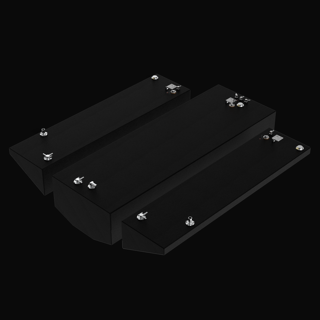 Isometric view of a complete three-tank replacement set for a Yellowfin 36, featuring the 317-gallon center tank and two 80-gallon port and starboard wing tanks. The image showcases the precision-engineered hull-conforming geometry, top-mounted EPA-compliant fittings, and rugged Coal Tar Epoxy finish on heavy-duty .190" marine-grade aluminum, ensuring a guaranteed OEM fit and maximum offshore reliability.