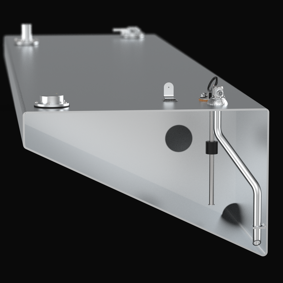 Cross-section technical render of a Yellowfin 36 replacement port/starboard wing fuel tank, showcasing the precision-engineered tapered hull geometry and internal 316 stainless steel pickup tube. This view highlights the heavy-duty 5052-H32 aluminum construction, internal baffling system, and top-mounted fuel sender unit designed for a guaranteed OEM fit in high-performance offshore vessels.