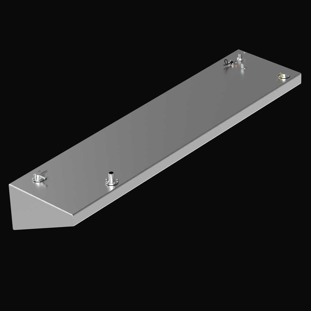 Isometric view of a Yellowfin 36 replacement port/starboard wing fuel tank in a mill-finish marine-grade 5052-H32 aluminum. This technical render showcases the precision-tapered hull geometry and top-mounted EPA-compliant fittings, custom-engineered for a guaranteed OEM fit and maximum offshore durability for high-performance center consoles.