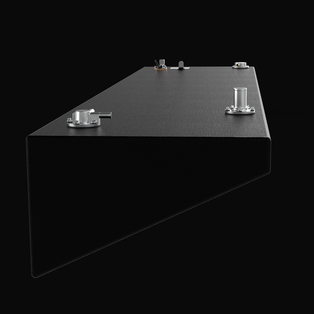 Close-up perspective technical render of a Yellowfin 36 replacement port/starboard wing fuel tank featuring a high-durability black Coal Tar Epoxy finish. This angle highlights the precision-tapered hull geometry and top-mounted EPA-compliant fuel fill and vent fittings, custom-engineered for a guaranteed OEM fit and maximum corrosion resistance in high-performance offshore vessels.