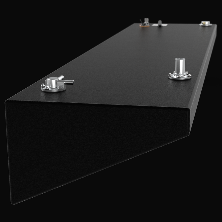 Close-up perspective view of a Yellowfin 36 replacement port/starboard wing fuel tank featuring a high-durability black Coal Tar Epoxy finish. This technical render highlights the precision-tapered hull geometry and top-mounted EPA-compliant fuel fill and vent fittings, custom-engineered for a guaranteed OEM fit and maximum corrosion resistance in high-performance offshore vessels.