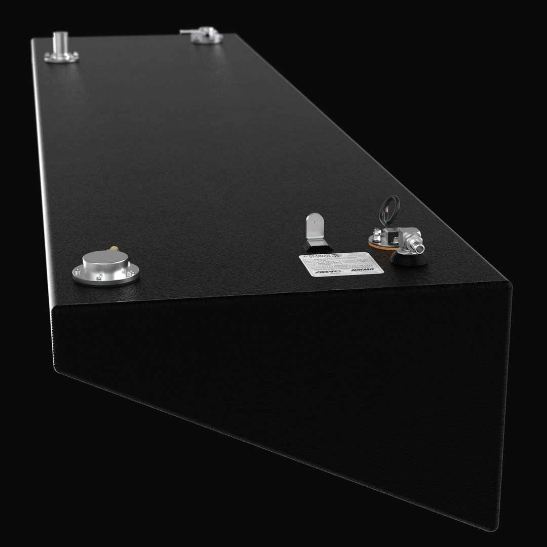 Technical perspective view of a Yellowfin 36 replacement port/starboard wing fuel tank finished in high-durability black Coal Tar Epoxy. This render highlights the precision-tapered hull geometry and top-mounted marine hardware, including 316 stainless steel pickup tubes and EPA-compliant fittings, engineered for a guaranteed OEM fit and superior corrosion resistance.