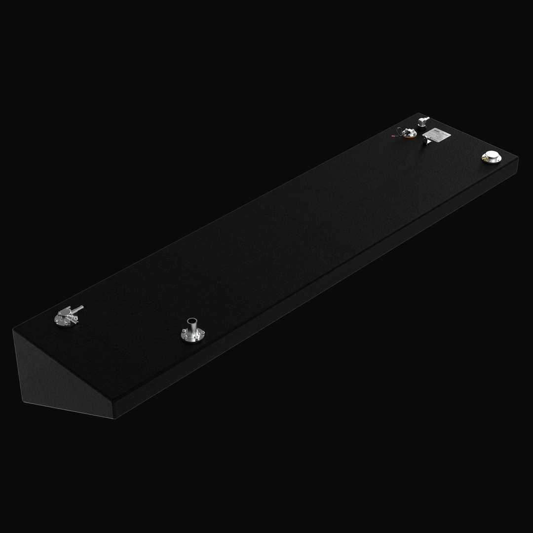 High-angle isometric view of a Yellowfin 36 replacement port/starboard wing fuel tank featuring a premium black Coal Tar Epoxy finish. This technical render highlights the full longitudinal taper and precision-placed top-mounted hardware, including 316 stainless steel pickup tubes, fuel sender, and EPA-compliant fittings, engineered from .190" marine-grade aluminum for a guaranteed OEM fit.