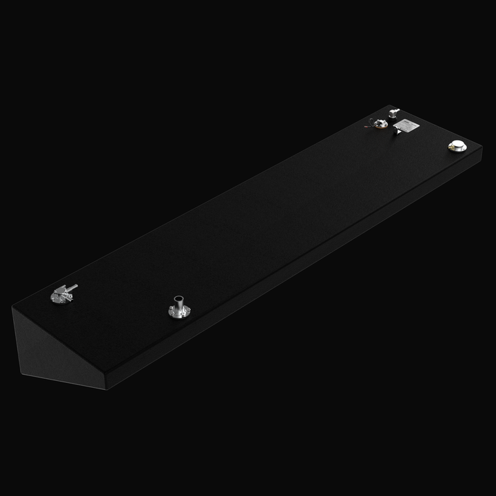 High-angle isometric view of a Yellowfin 36 replacement port/starboard wing fuel tank featuring a premium black Coal Tar Epoxy finish. This technical render highlights the full longitudinal taper and precision-placed top-mounted hardware, including 316 stainless steel pickup tubes, fuel sender, and EPA-compliant fittings, engineered from .190" marine-grade aluminum for a guaranteed OEM fit.