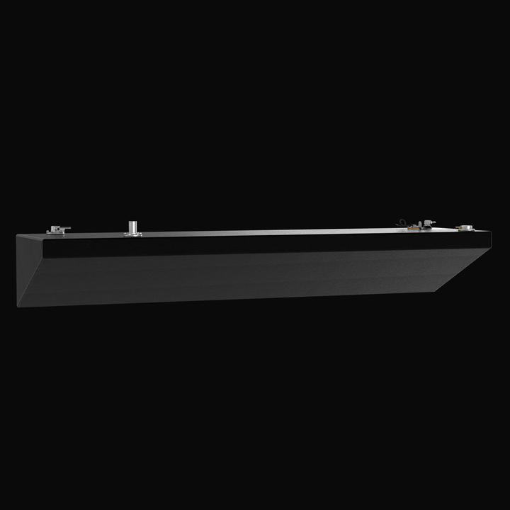 Long-profile side view of a Yellowfin 36 replacement port/starboard wing fuel tank featuring a high-durability black Coal Tar Epoxy finish. This technical render showcases the full longitudinal taper designed for a guaranteed OEM fit against the hull stringers, constructed from heavy-duty .190" 5052-H32 aluminum with top-mounted fuel fill, vent, and 316 stainless steel pickup fittings for maximum offshore performance.