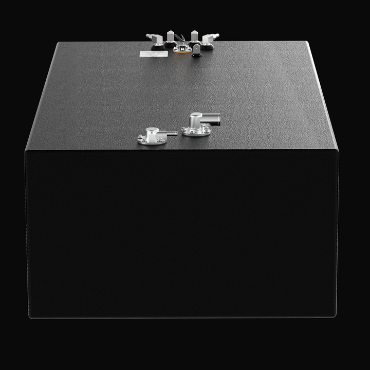 A straight-on end elevation view of a black rectangular tank unit, showcasing a Yellowfin 39 OEM replacement marine center auxiliary fuel tank. This high-capacity centerline tank features a flat-bottom configuration engineered by Welding World to sit perfectly within the main center hull cavity of the vessel. The tank is masterfully constructed from heavy-gauge marine-grade 5052-H32 aluminum and completely encapsulated in an anti-corrosive, textured black TarGard epoxy coating. The level top deck showcases 