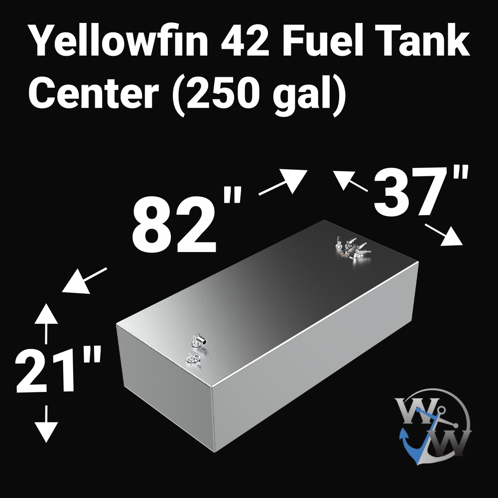 Dimensional technical drawing of a Yellowfin 42 center replacement fuel tank with a 250-gallon capacity. The graphic shows precise measurements of 82" length, 37" width, and 21" height. This heavy-duty marine-grade aluminum tank is engineered for a guaranteed OEM fit, featuring multiple top-mounted fittings and a high-quality finish for superior corrosion resistance in offshore environments.