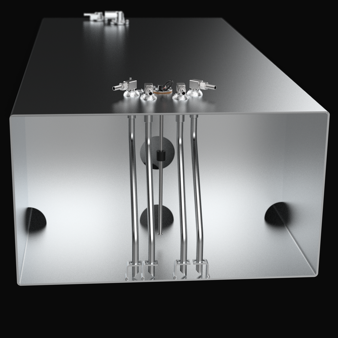 Internal technical render of a Yellowfin 42 center replacement fuel tank showing the precision-engineered baffle system and pickup assembly. The cross-section reveals four 316 stainless steel pickup tubes with anti-siphon valves and a KUS fuel level sender integrated into the .190" marine-grade aluminum structure. Large circular baffle openings ensure optimal fuel flow and structural rigidity for high-performance offshore use.