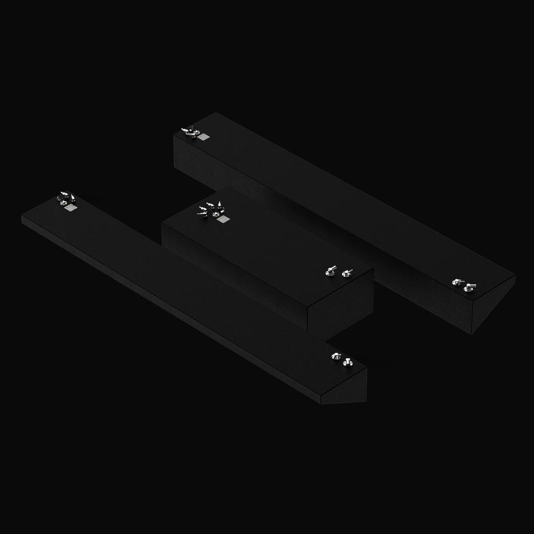 High-angle technical render of a complete Yellowfin 42 OEM replacement fuel tank system featuring a high-durability black Coal Tar Epoxy finish. This comprehensive set includes the 250-gallon center tank and dual 163-gallon port and starboard wing tanks, all engineered from heavy-duty .190" marine-grade aluminum. The image highlights precision-placed 316 stainless steel pickup tubes and EPA-compliant fittings, ensuring a guaranteed 100% drop-in fit for the 2013 flagship hull.