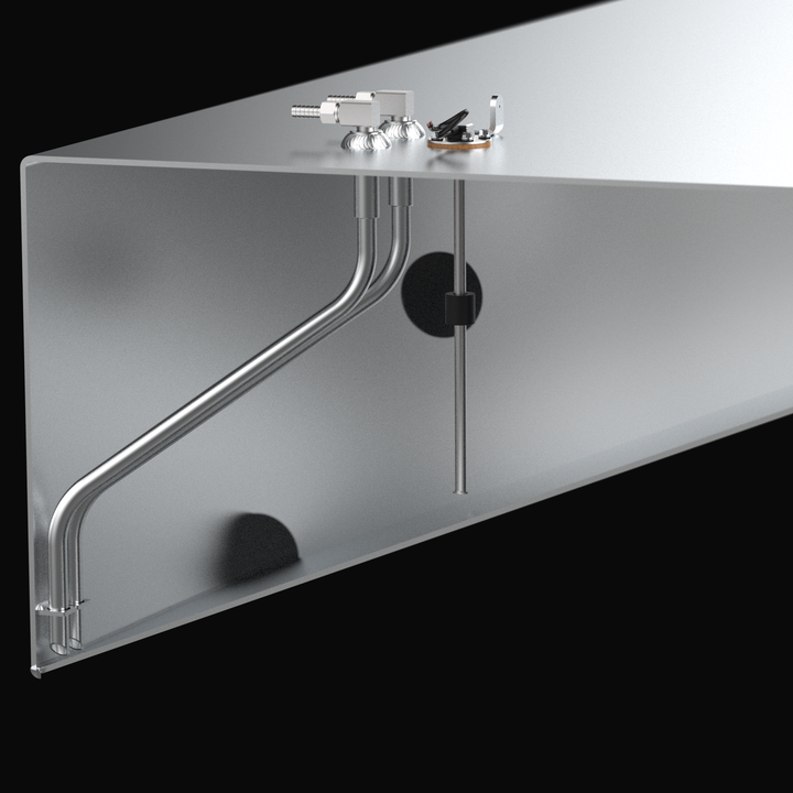 Detail 3D rendering of the starboard saddle fuel tank for a Yellowfin 54, highlighting the unpainted mill-finish aluminum surface, fuel pickup ports, and inspection plate locations.